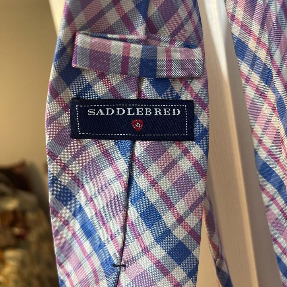 Blue and Pink Plaid Saddlebred‎ 100% Silk Necktie